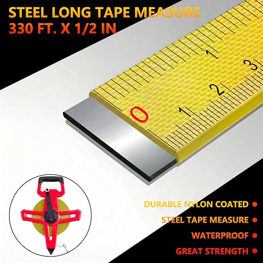 328ft/100m Open Reel Long Tape Measure, 1/2" Nylon-Coated Steel Blade, Dual Inch/Metric Scales, ABS Impact-Resistant Case for Construction, Surveying Red