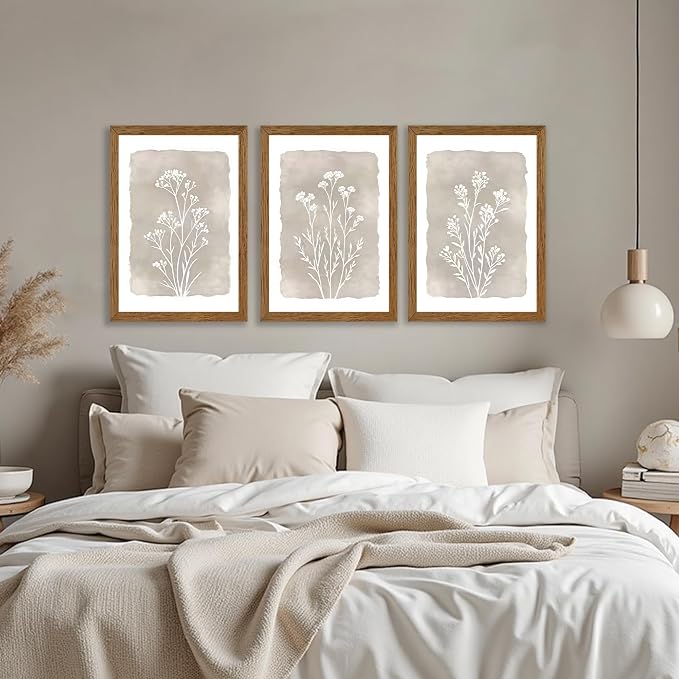 JLTULT 3 Piece Boho Beige Floral Wall Art, Minimalist Line Botanical Flower Wall Decor, Vintage Rustic Wildflower Art Prints for Living Room Bedroom Office Farmhouse Decoration 20x30 in Ready to Hang