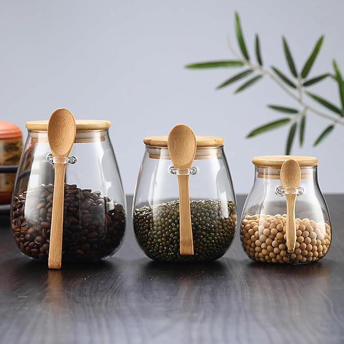 Airtight glass jar storage container with bamboo lid Set of 4, wide mouth, leak-proof, With a spoon, can be used for coffee beans, tea leaves, grains, dried fruits, etc (Small*4pcs)