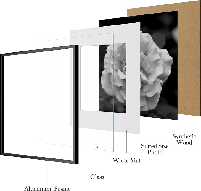 eletecpro Aluminum Gallery Wall Frame Set of 6 with Glass Cover, Black | 12 x 12 Metal Photo Frames Display 8x8 Photo with Mat or 12x12 without Mat, Picture Frame Collage Wall Decor