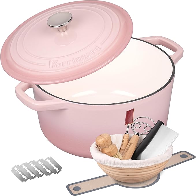 VORRINGARD Enameled Cast Iron Dutch Oven Pot with Lid, for Bread Baking, Round Bread Oven- include Sourdough Bread Baking Supplies Set, 6QT, Pink