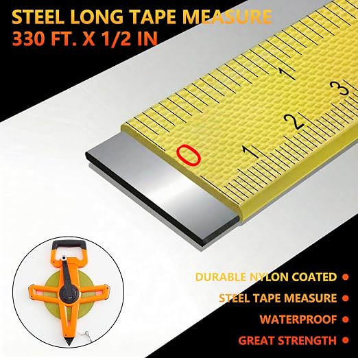 1 Pcs 328ft/100m Open Reel Steel Long Tape Measure, Heavy Duty 1/2" Nylon-Coated Blade with Dual Inch & Metric Scale, Tape Measure for Construction, Surveying, Concrete Work, Orange
