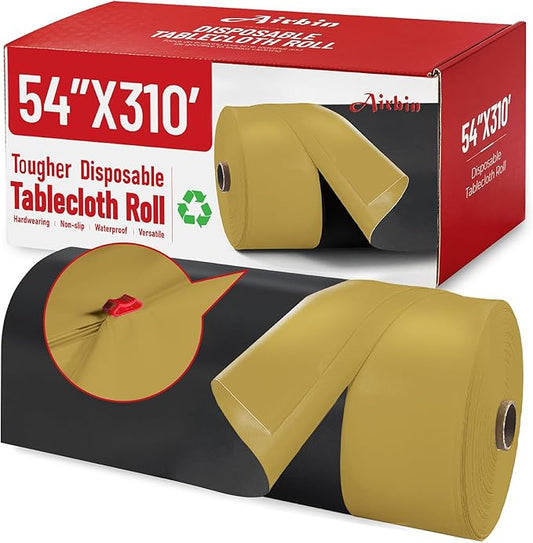 Plastic Table Cloth, 310 Ft X 54 In Disposable Tablecloth Black and Gold Tablecloth Premium PEVA Plastic Table Cloth Disposable with Any Cut Sliding Cutters for Picnics, Parties, Birthdays, Festivals
