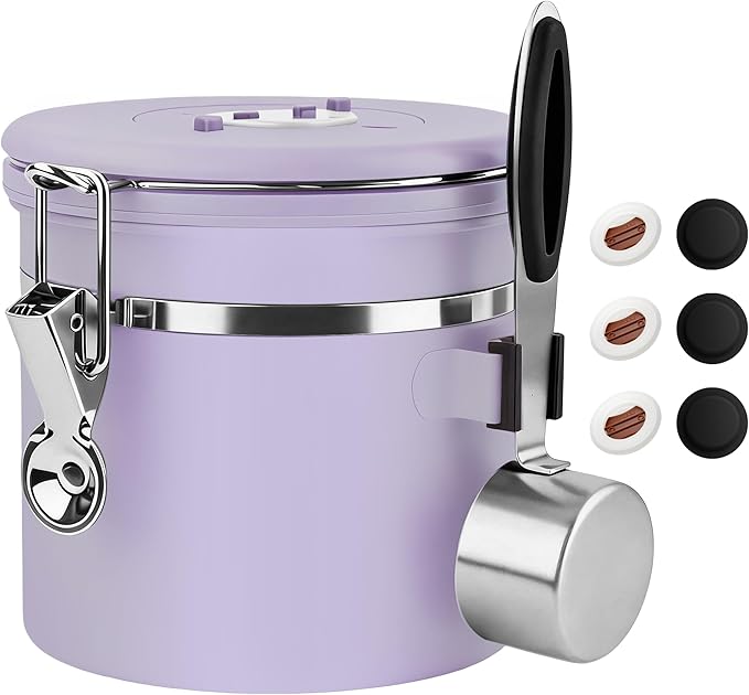 ShanSon Coffee Canister Airtight Coffee Container Stainless Steel Coffee Bean Storage Container with Scoop Coffee Canister for Beans Grounds Sugar Flour Tea Cereal,11OZ, Purple Upgraded Version