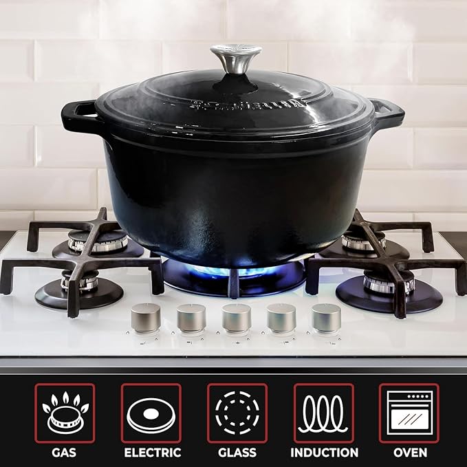MUELLER HOME 7.5 QT Enameled Cast Iron Dutch Oven, Heavy-Duty, Oven-Safe up to 500° F & Across All Cooktops, Casserole Dish and Braiser Pan with Lid and Stainless Knob, Black | Heavy-Duty