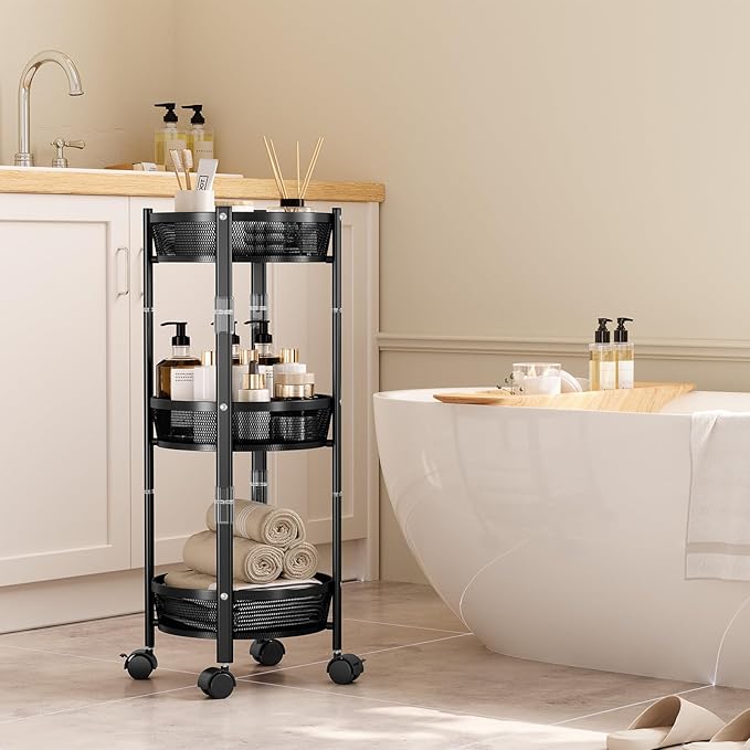 TOOLF 3-Tier Foldable Rolling Cart, Collapsible Metal Utility Cart with Wheels, Assembly-Free, Round Storage Organizer Trolley for Kitchen, Bathroom, Dorm, Nursery, Black