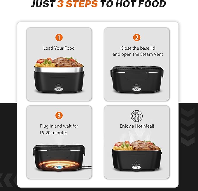 Heated Lunch Box,120W Electric Lunch Box for Adults with 1.5L 304 Stainless Steel Container, 12V/24V/110V Lonchera Eléctrica Portátil for Travel,Work,Car,Truck (Pure Black, 1.5L)