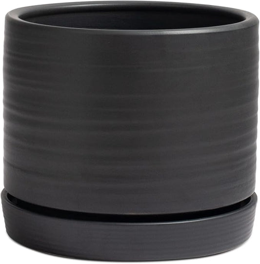 HERDUK 8 Inch Pots for Plants, Ceramic Planter Pot with Drainage Hole & Saucer, Indoor/Outdoor Cylinder Round Planter Pot, Matte Black