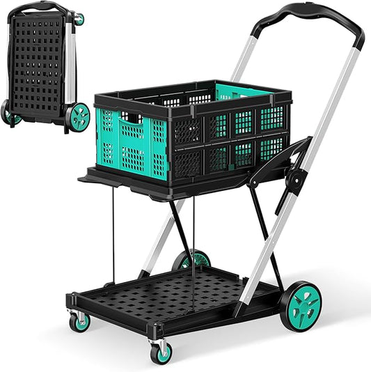 SILVEL 8-in-1 Collapsible Shopping Cart, 200LBS Portable Multi Functional Rolling Crate with 1 Storage Cart,Adjustable Handle Folding Grocery Cart on Wheels for Warehouse, Office, Supermarket, Teal