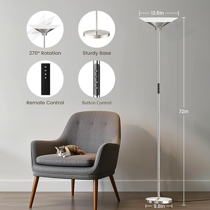 SIBRILLE Metallic Silver Torchiere Floor Lamp - 30W Dimmable LED Standing Lamp with Remote/Button Control, 1800Lm, 3000-6500K, 72in Tall Bright Pole Light for Living Room Bedroom Office Corner