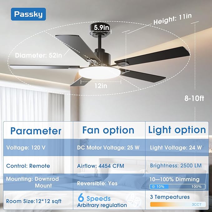 Passky Ceiling Fans with Lights, 52 inch Sleek Ceiling Fan with Light and Remote Control, 3CCT, Dimmable, Reversible, Noiseless, Black Ceiling Fan for Bedroom, Living Room