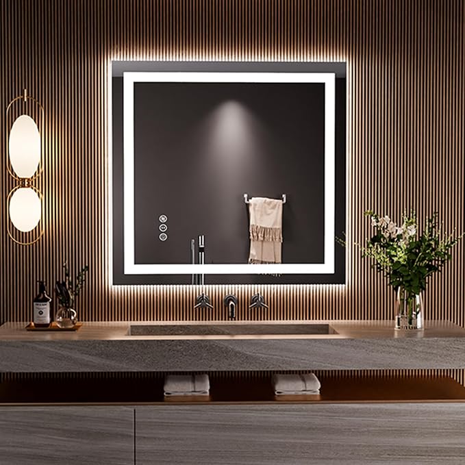 LOAAO 36"x34" LED Bathroom Mirror with Lights, Anti-Fog, Dimmable, Backlit + Front Lit, Lighted Bathroom Vanity Mirror for Wall, Memory Function, Tempered Glass, Safe to Use, ETL Listed