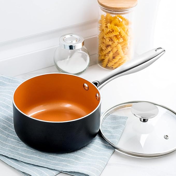 MICHELANGELO Sauce Pan with Lid, Ultra Nonstick 3 Qt Saucepan with Lid, 3 Quart Non Stick Pot Induction Compatible, Ceramic Small Pot, Copper