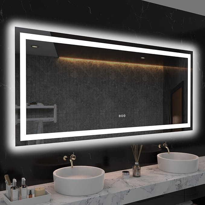 LOAAO 60"X28" LED Bathroom Mirror with Lights, Anti-Fog, Dimmable, Backlit + Front Lit, Lighted Bathroom Vanity Mirror for Wall, Memory Function, Tempered Glass, ETL Listed