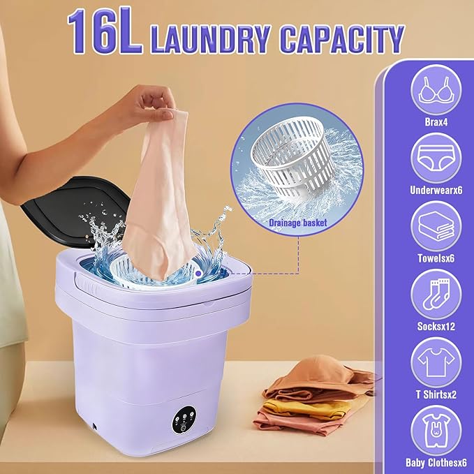 Mini Washing Machine 16L Foldable Small Washer for Underwear, Socks, Baby Clothes - 3 Cleaning Modes with Spin Dryer Basket Ideal for Apartment, RV, Travel, Dorm