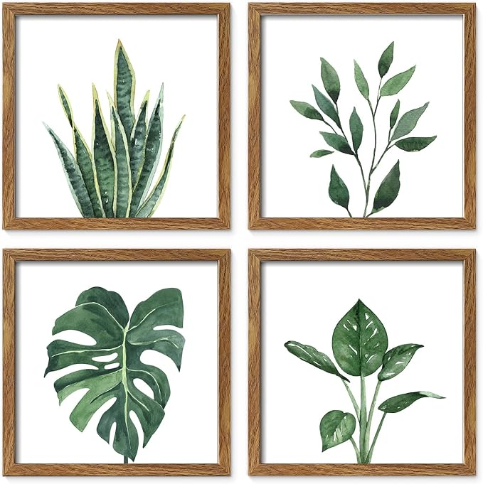 ArtbyHannah Framed Bathroom Wall Art Decor, 10x10 Inch 4 Pack Botanical Gallery Wall Frame Set Modern Farmhouse Sage Green Prints Artwork for Spa, Restroom, Bedroom, Office Decoration (Walnut)