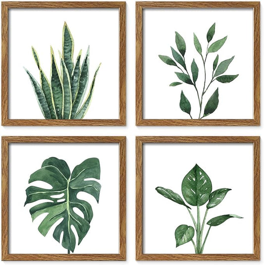 ArtbyHannah Framed Bathroom Wall Art Decor, 10x10 Inch 4 Pack Botanical Gallery Wall Frame Set Modern Farmhouse Sage Green Prints Artwork for Spa, Restroom, Bedroom, Office Decoration (Walnut)