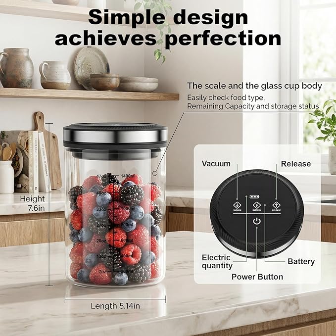 GVODE Vacuum Coffee Canister 1.6-Liter Capacity Coffee Storage Container, Ounce/Milliliter Scale Bar, High Borosilicate Glass, 4500 Hours Battery Life - Coffee Canister & Coffee Bean Storage