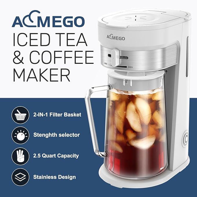 AEMEGO Iced Tea Coffee Maker, Brewing System with 2.5-quart Glass Pitcher, sliding strength selector, Stainless Steel Decoration, Reusable Filter（white）