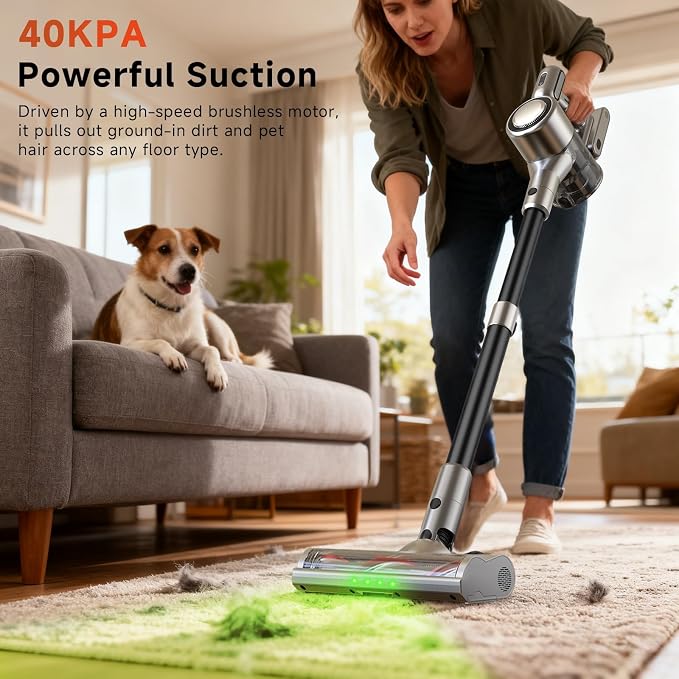 Cordless Stick Vacuum Cleaner - Rechargeable,40Kpa Powerful Suction Vacuum for Home,45Mins Runtime,Detachable Battery,Anti-Tangle, 8 in 1 Lightweight Vacuum for Pet Hair Carpet Hardwood, Silver