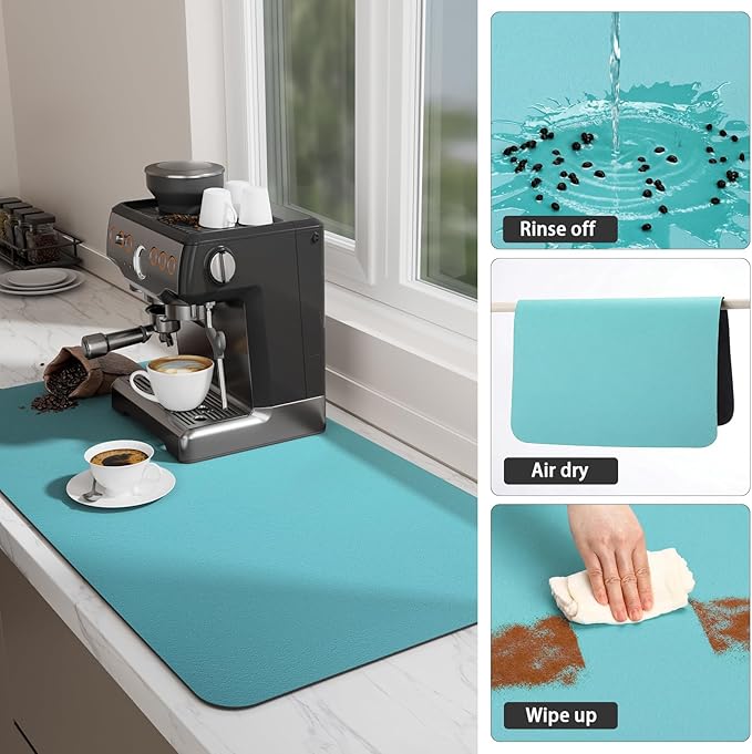 Ecotrim Absorbent Coffee Mat , Stain Hiding PU Leather Surface, Non-Slip Natural Rubber Backing, Quick Dry Mat for Espresso Machine, Kitchen Counter ,Turquoise | 12" x 19"