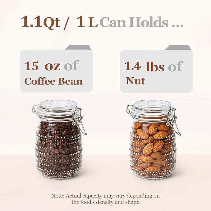 ComSaf 34oz / 6 Pack Glass Food Storage Jars with Airtight Lids, Vintage Hobnail Pattern Wide Mouth Canister Set for Pantry Organization, 1000ml Clear Containers for Coffee, Beans, and Snacks