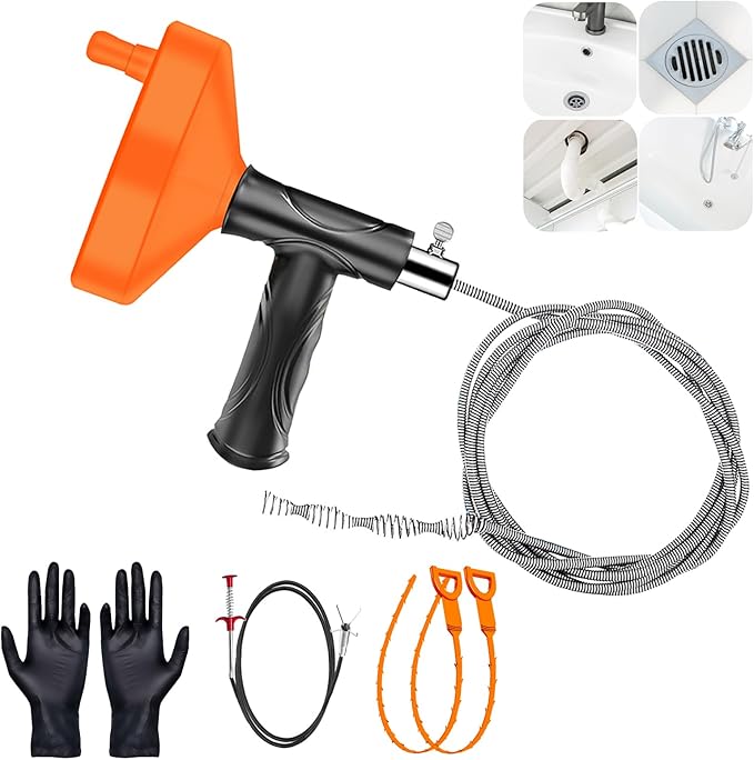 Drain Snake Auger 33 Feet, Plumbing Snake Drain Hair Clog Removal Tool, Sink Unclogger Drain, Heavy Duty Toilet Snake Auger, Cleaner Tool for Bathroom Kitchen Tub Shower Drain Clog Remover with Gloves