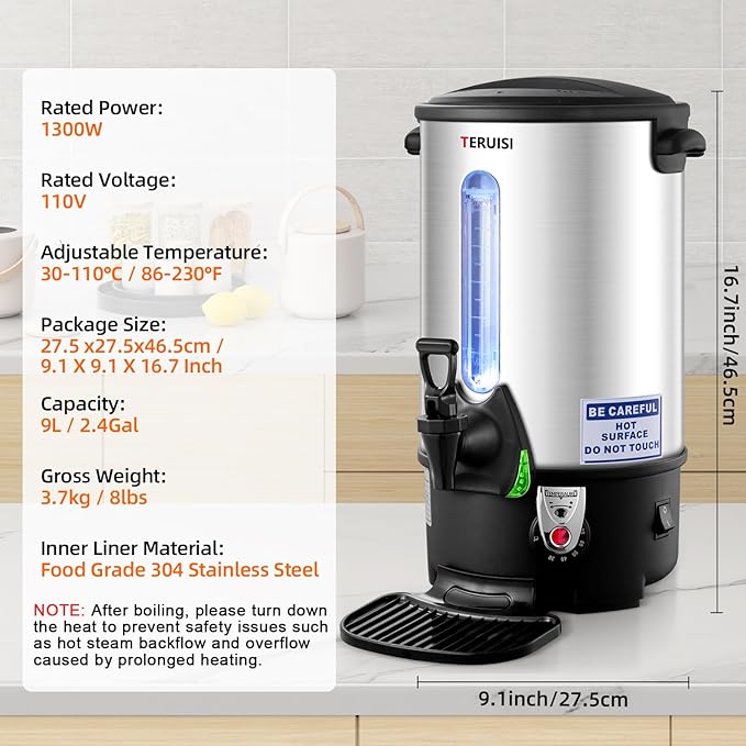 Coffee Urn, 65 Cups/9L Commercial Coffee Maker, 1300W Large Coffee Maker Hot Water Tea Urn with Filter Basket & Adjustable Temperature, Stainless Steel Hot Drink Beverage Dispenser