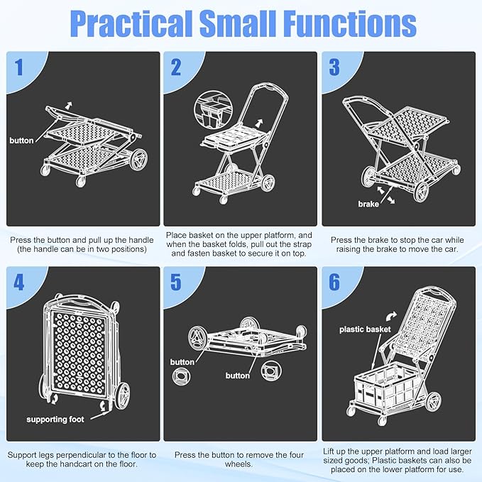 Collapsible Shopping Cart with Wheels, Heavy Duty Grocery Cart with 2 Storage Crates, Two Tier Portable Utility Carts Shopping Trolley for Picnic, Supermarket, Office,Warehouse 2026 Upgraded (Blue)