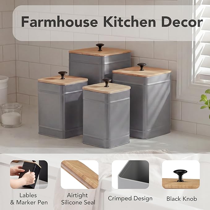 PERFNIQUE Kitchen Canisters, Airtight Canister Sets for Kitchen Counter, Kitchen Canisters for Countertop Set of 4, Coffee Tea Sugar Flour Spice Tin Jars Food Storage Container with Lid(Grey)