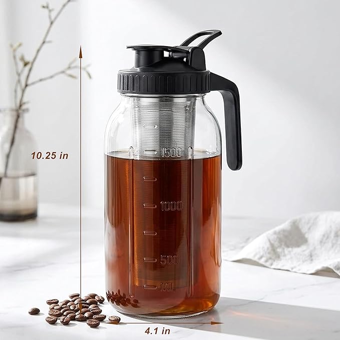 Cold Brew Coffee Maker 64 Oz Wide Mouth Mason Jar Pitcher With stainless steel Filter 2 Quart Airtight & Leak-Proof cold brew pitcher with pour spout lid and handle For iced Coffee Tea and lemonade