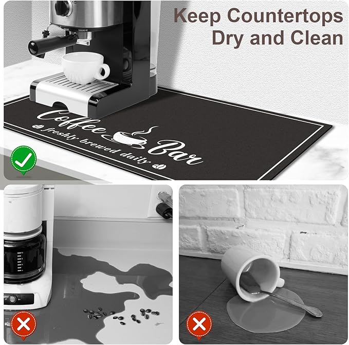 CooRug Absorbent Coffee Mat, Fashion Dish Drying Mat for Kitchen Counter Coffee Bar Accessories Espresso Machine Dish Rack 17" x 32" Black