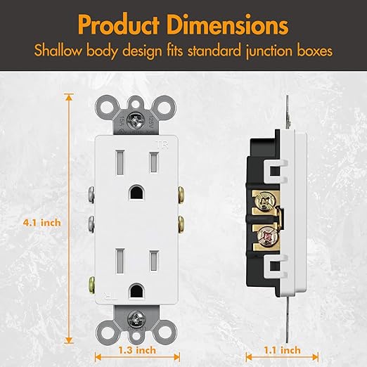 Micmi Decorator Receptacle Outlet, Standard Electrical Wall Tamper Resistant Decorative Receptacle, 15 Amp 125 Volt, Grounding UL Listed (50Pack, White, 15 Amp Outlet)
