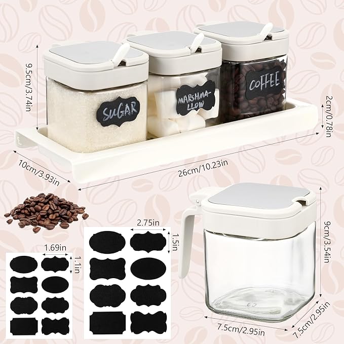 Suclain 3 Pcs Glass Coffee Containers Coffee Station Organizer Set, Airtight Bean Storage Jars with Shelf,labels,spoon, Base and Pen,for Sugar, Candy, Oats, Nuts(White)