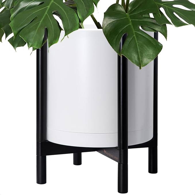 D'vine Dev Plastic Pot with Ebony Wood Stand, White, 16 in, 55-C-Z-1 | Mid-Century Inspired Design, Elevated Plant Display, Clean Lines, Sturdy Support, Modern Space-Saving Style