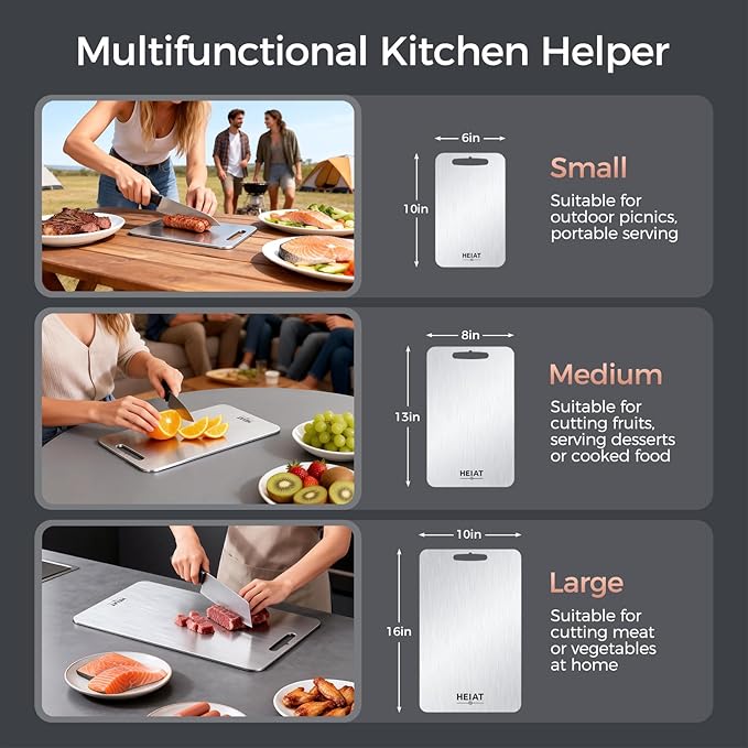 Titanium Cutting Board Set of 3, 100% Pure Titanium Cutting Boards for Kitchen, Non-Toxic, Double-Sided Chopping Boards for Raw & Cooked Food, Handles Included, Dishwasher Safe(16” x 10”)