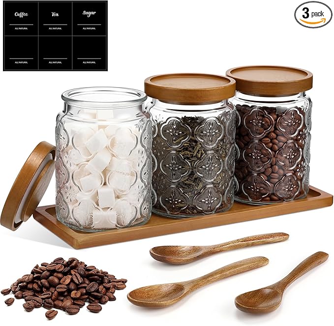 3 Pcs Glass Coffee Container Set with Wooden Lid Spoon Shelf Labels Clear Sugar Tea Airtight Jar Food Storage Canisters Set for Spice Holder Coffee Bar Gifts(Begonia,24 oz)