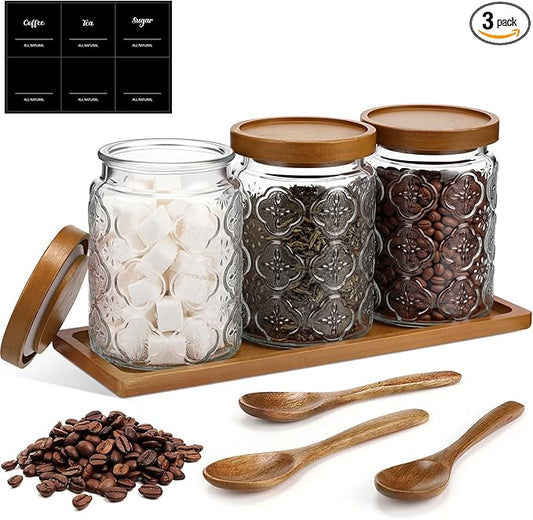 3 Pcs Glass Coffee Container Set with Wooden Lid Spoon Shelf Labels Clear Sugar Tea Airtight Jar Food Storage Canisters Set for Spice Holder Coffee Bar Gifts(Begonia,24 oz)