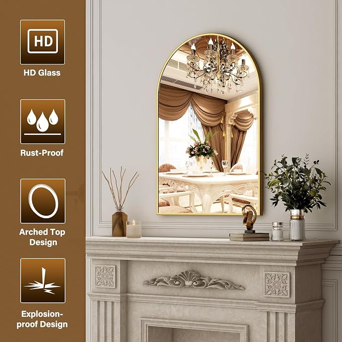 XRAMFY 20"x30" Gold Arched Bathroom Mirror - Wall Mirror for Bathroom, Metal Frame Vanity Mirror, Dresser Mirror, Arch Decorative Mirrors for Living Room, Bedroom, Entryway, Mantle