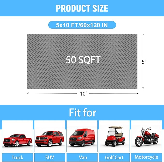 5x10 FT Garage Floor Mat, 2.8mm Thickened PVC Flooring Roll for Under Car, Golf Cart Parking Mat, Diamond Plate Gray Motorcycle Mat for Warehouse, Basement, Gyms, Trailer（Included Tapes）