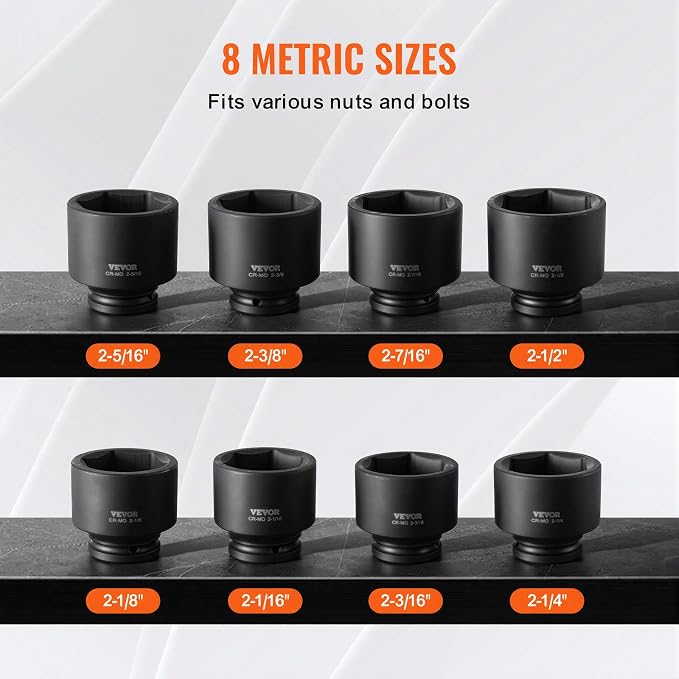 VEVOR Axle Nut Impact Socket Set - 3/4" Drive 6-Point 8-Piece SAE Spindle Nut Socket CR-MO Heat Treated Large Socket Set with Storage Case for Auto Repair, Removing or Installing Axle Nuts