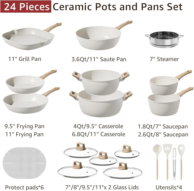 Bazova 24-Piece Pots and Pans Set Non Stick, Titanium-Reinforced Ceramic Cookware Set, Long-Lasting Nonstick,Non Toxic PFAS-Free, Induction Compatible, Complete Kitchen Set for Everyday Cooking