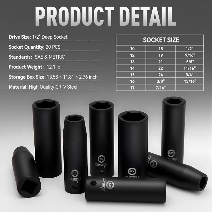 DISEN 20PCS 1/2" Impact Socket Set, Deep Sockets SAE 13/16"-3/8" & Metric 10-24mm, 6-Point Cr-V & Alloy Steel, 1/2 Inches Drive Impact Socket Set,Rugged Construction, Enhanced Storage Case