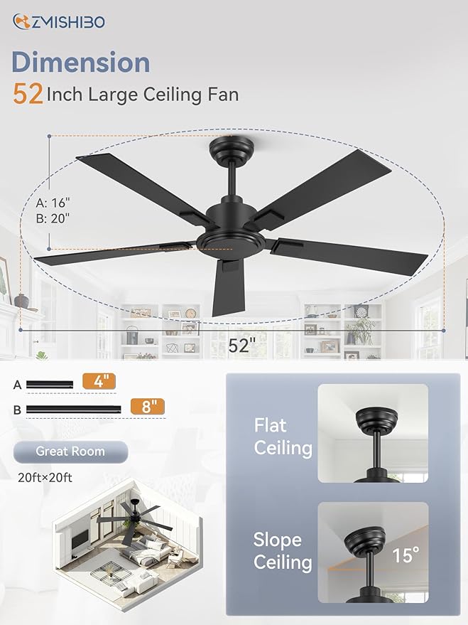 ZMISHIBO 52 Inch Ceiling Fan No Light with Remote Modern Black Ceiling Fan with Quiet Reversible DC Motor,6-Speeds 5 Blades, Indoor/Outdoor Ceiling Fans Without Light for Patios, Living Room, Garage