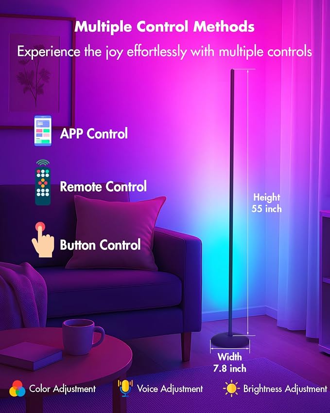 LED Corner Floor Lamp, RGB LED Corner Lamp with App & Remote, Smart Floor Lamp with 16 Million Colors, Music Sync, Scene Modes, Color Changing Standing Lamps for Living Room, Bedroom