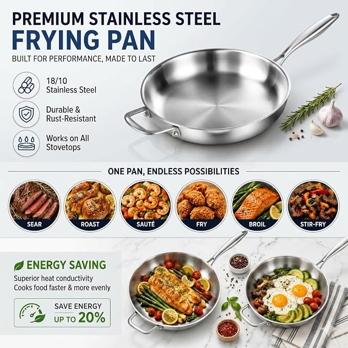 DELARLO Tri-ply Stainless Steel Pan 12 inch & 14 inch Frying Pan with Lid | Heavy Duty, PTFE & PFOA Free, Compatible with Induction, Electric up to 600℉, Fast & Even Heating, Oven Safe Skillet