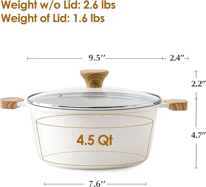 SENSARTE Ceramic Nonstick Stock Pot with Lid, 4.5 Quart, White | Healthy Nontoxic Ceramic Coating, PFAS & PTFE Free, Compatible with All Stoves Including Induction Cooktops, Easy to Clean