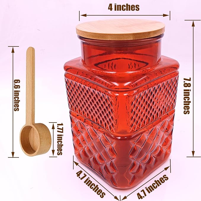 Coriario 60oz Decorative Glass Jar with Airtight Lid and Wood Spoon Red Square Vintage Glass Storage Jars Canisters for Food Candy Counter Flour Sugar Cookie Coffee Tea
