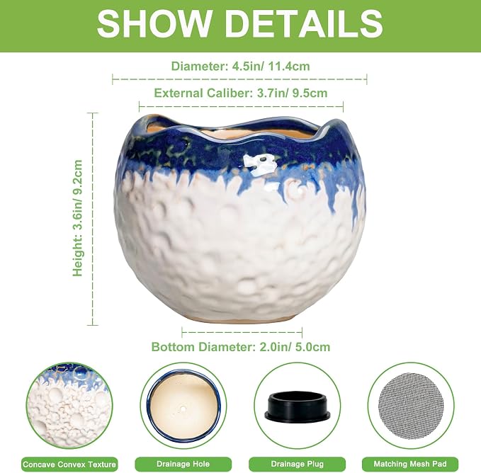 4 Inch Plant Pots - Ceramic Pots for Plants with Drainage Hole and Plug, Round Planters for Indoor Outdoor Plants, Modern Unique Flower Pots, Home Living Room Decor, Garden Gift, Beige-Blue