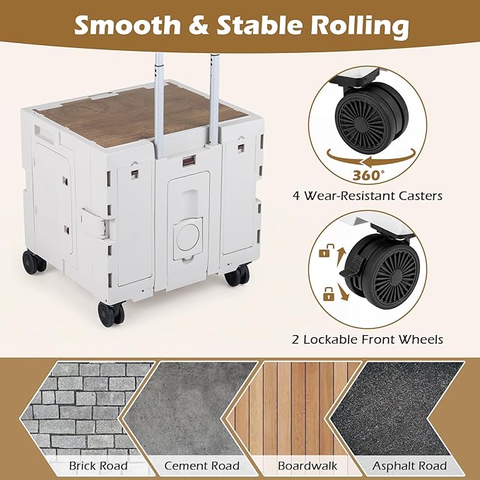 Goplus Foldable Utility Cart, Portable Rolling Crate Handcart with 4 Rotate Wheels, Telescoping Handle, Lid & Cup Holder for Travel, Shopping, Luggage, Grocery, Office & Teacher (White)